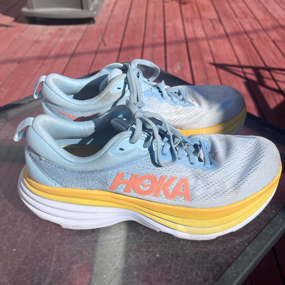 Hoka Bondi 8 Light Blue and Yellow Athletic Sneakers women’s size 10.5B